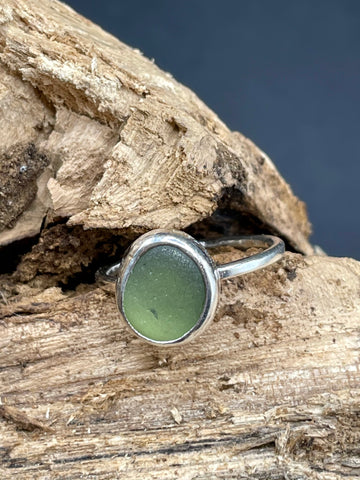 Olive Green Sea Glass Silver Ring Size M 1/2 / 53