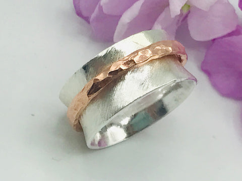 Diagonal Textured Silver  Spinner Ring with Hammered Copper Band (Mixed Metal)