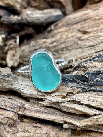 Blue/Green Sea Glass Silver Ring Size M / 52