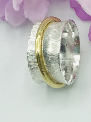 Vertical Textured Silver  Spinner Ring with Polished Brass Band (Mixed Metal)