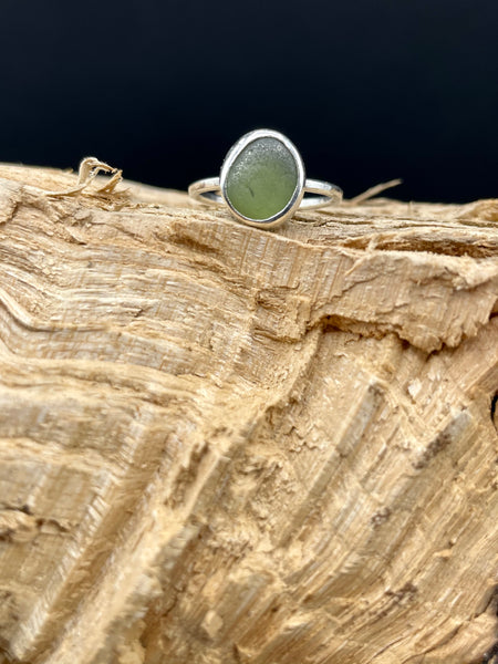 Olive Green Sea Glass Silver Ring Size M 1/2 / 53