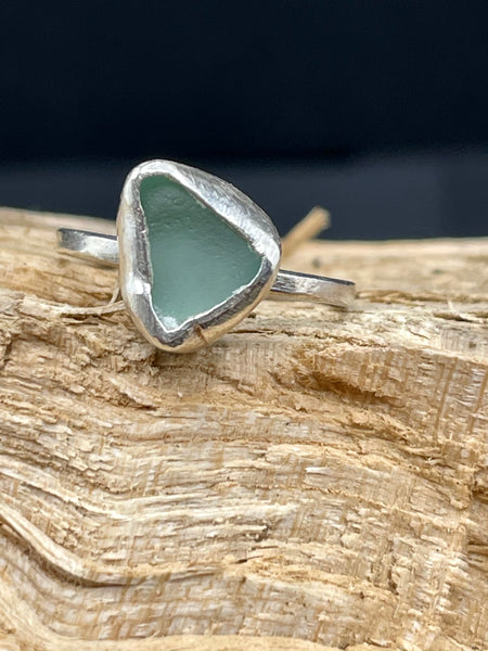 Small Light Green Sea Glass Silver Ring Size M / 52