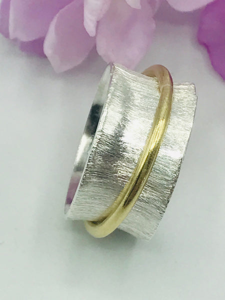 Vertical Textured Silver  Spinner Ring with Polished Brass Band (Mixed Metal)