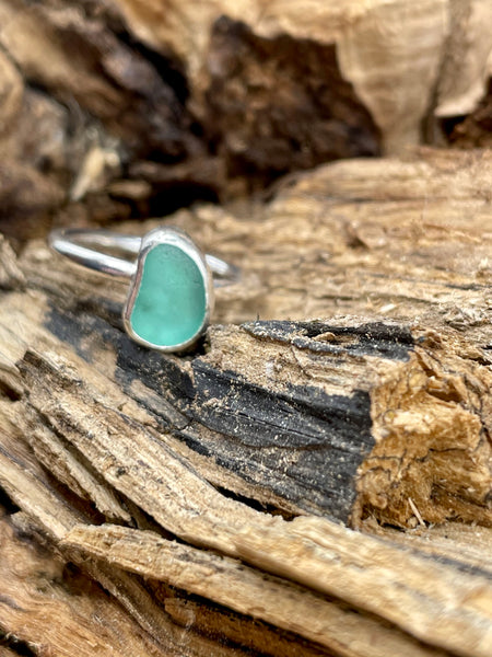 Teal Sea Glass Silver Ring Size L/51