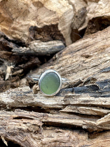 Olive Green Sea Glass Silver Ring Size M 1/2 / 53