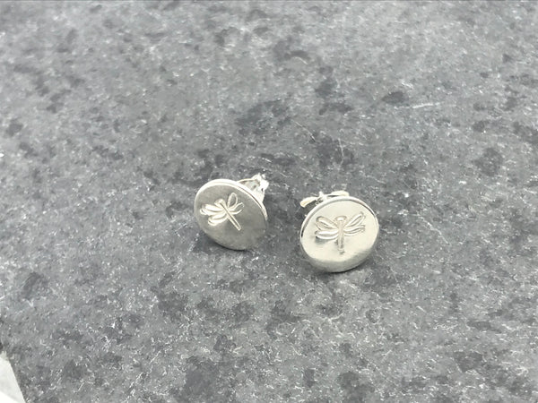 Round Dragonfly Silver Stud Earrings