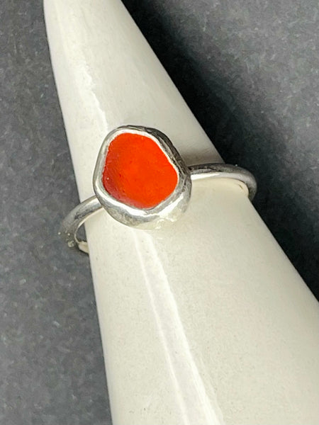 Orange Sea Glass Silver Ring Size K/50