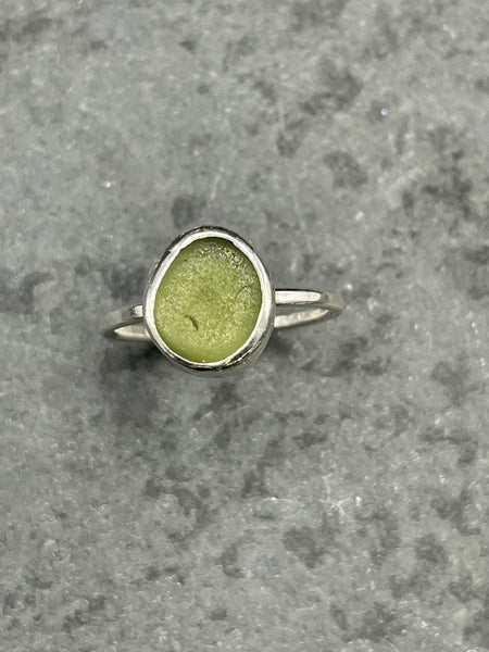 Olive Green Sea Glass Silver Ring Size M 1/2 / 53