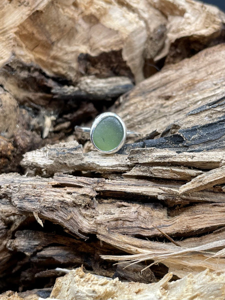 Olive Green Sea Glass Silver Ring Size M 1/2 / 53