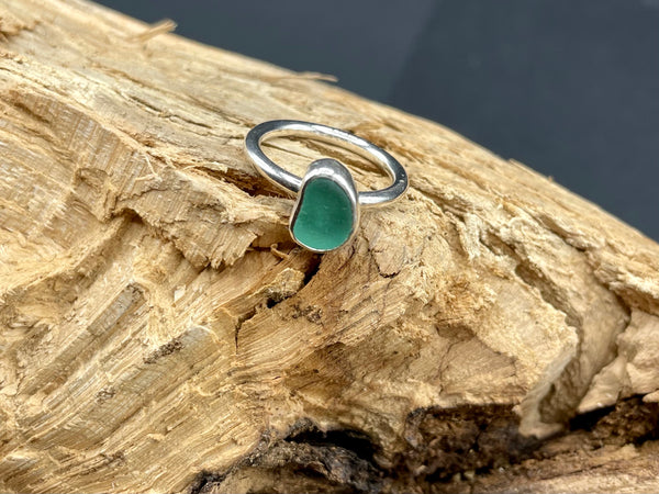Teal Sea Glass Silver Ring Size L/51