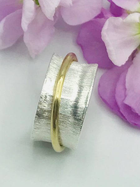 Vertical Textured Silver  Spinner Ring with Polished Brass Band (Mixed Metal)