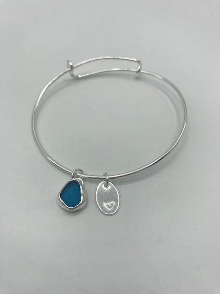 Turquoise Sea Glass Charm Silver Adjustable Bangle